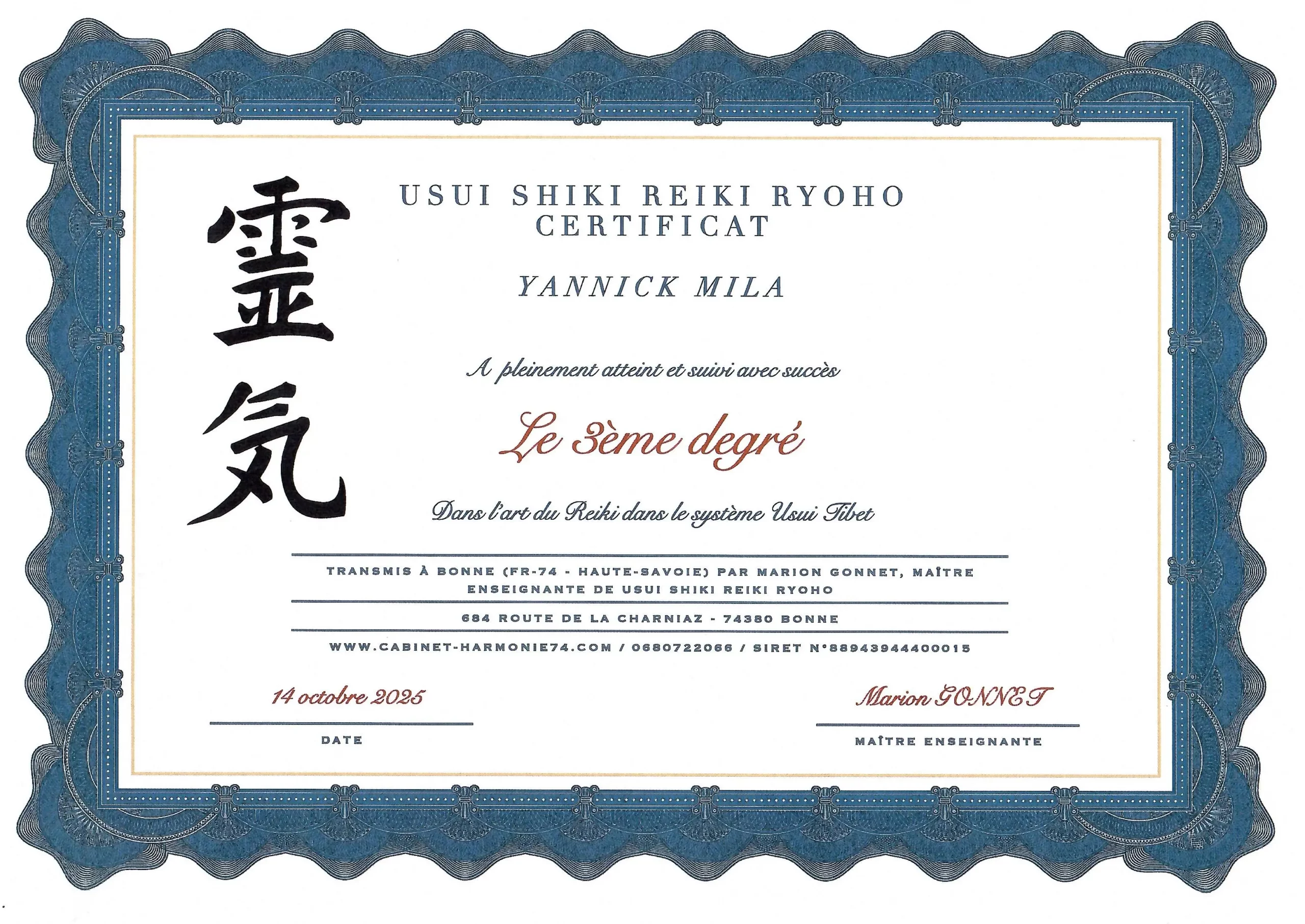 Diplome de Yannick Mila - Reiki Niveau 3